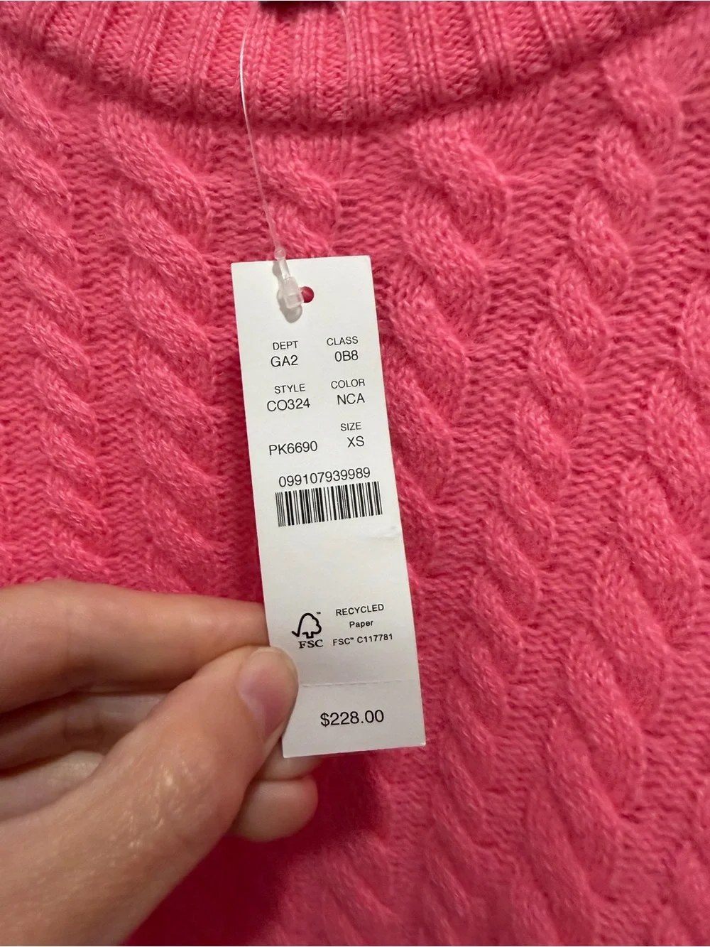 J. Crew perfect cable-knit neon capri pink cashmere crewneck sweater XS CO324